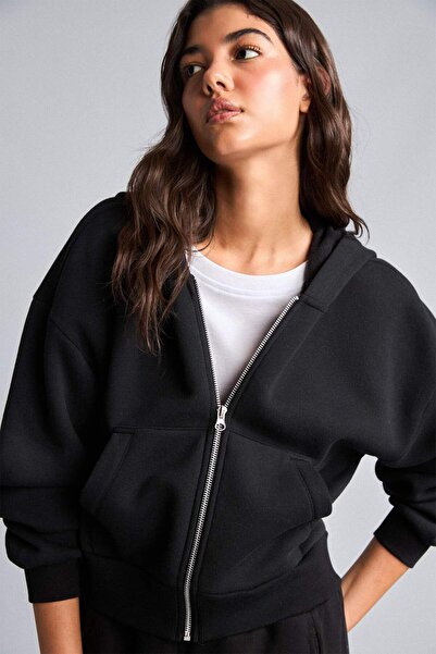 DeFacto Regular Pamuklu Fit Kapüşonlu Fermuarlı Siyah Sweatshirt I2412AX26AU