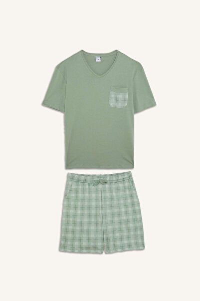 DeFacto 100% Cotton New Regular Fit Short Sleeve 2-Piece Light Green Shorts P...