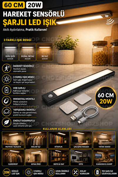 CNGZSHOP 60 cm Cabinet 10W Hareket Sensörlü Şarjlı LED Işık 3 Renk Aydınlatma...