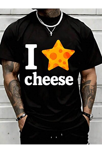 01THEONE تي شيرت أسود بتصميم I Love Cheese Star للرجال، تي شيرت برسومات طعام ...