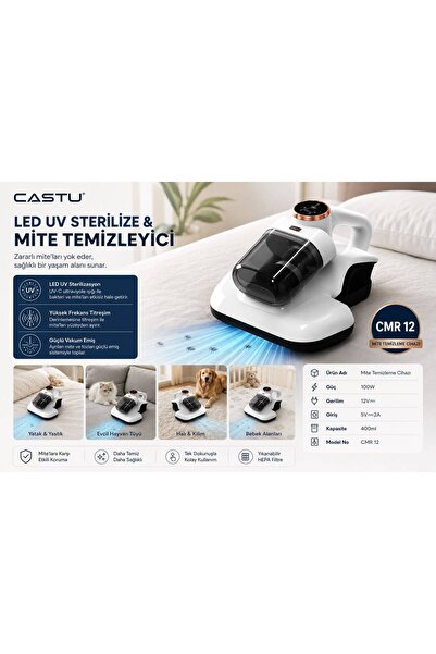 CASTU DustAway 10000Pa Güçlü Kablosuz Akar ve Toz UV Işıklı Yatak ve Koltuk Temizleyici