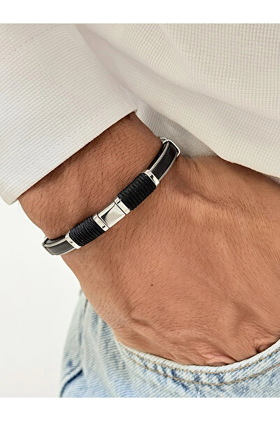 FERRO Silver and Black Leather Steel Men's Bracelet Frj10213B-J 2 Year Warran...