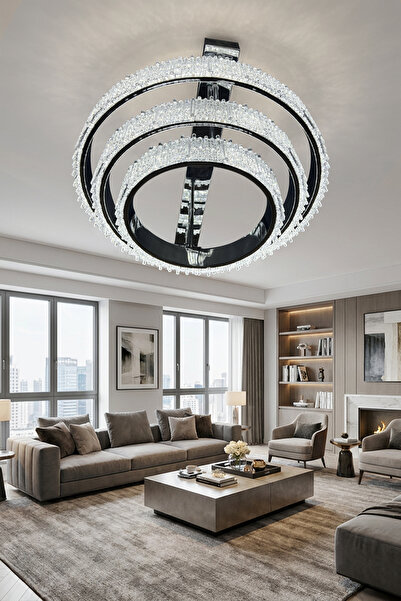 G-Light Aura 3 Katlı Kristal Halka LED Salon Avizesi | Modern Taşlı Avize | 3...