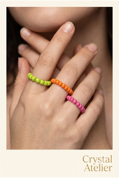 Crystal Atelier Colorful Bead Ring Set 3-Piece Handmade Y2K Bohemian Aestheti...
