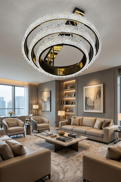 G-Light Aura 3 Katlı Kristal Halka LED Salon Avizesi | Modern Taşlı Avize | 3...