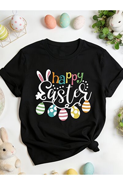 Ekim11 تي شيرت مطبوع عليه حروف 'HAPPY EASTER'، قميص قصير الأكمام برقبة دائرية...