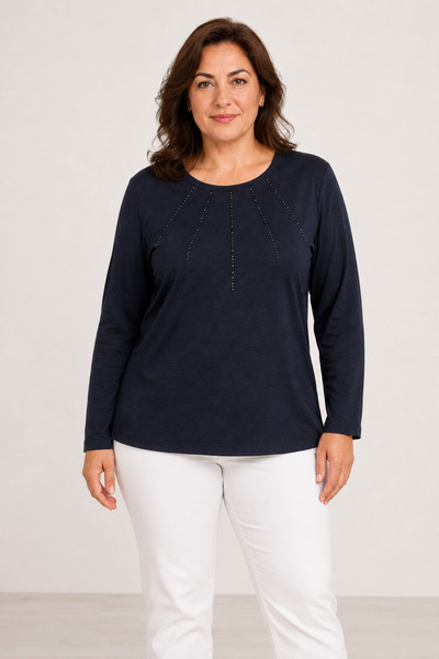 bihan store Round Neck Front Beaded Embroidered Long Sleeve Women's Combed Co...