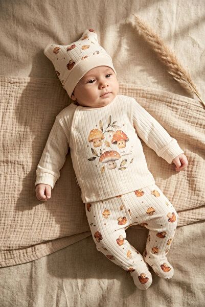 DYZSTAR Cotton Camisole with Mushroom Pattern 3-Piece Baby Set - Ecru Color D...