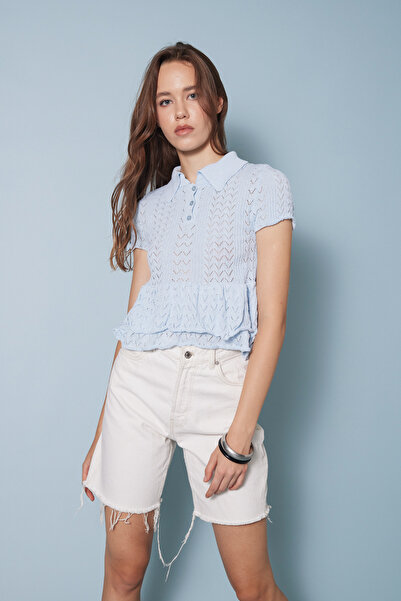Avrile Firfirli Polo Collar Knitted Blazer Baby Blue