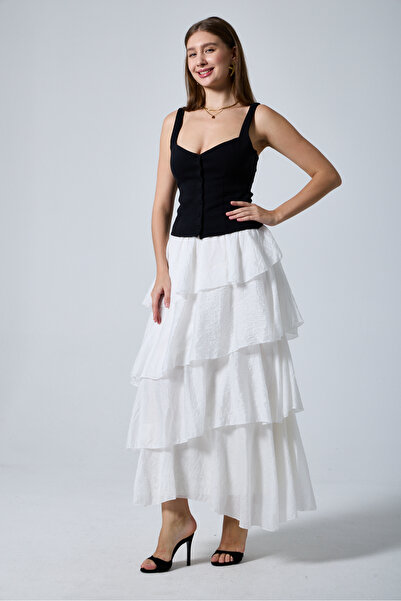 ŞEYDA ERTEM White Color Elastic Waist Crinkle Textured Layered Asymmetric Cut...