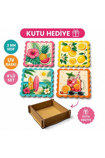 kids town 4'lü Summer Breeze MDF Bardak Altlığı Seti | UV Baskılı Dekoratif A...