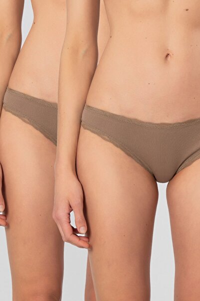 TÜREN Women's Lycra Ribbed Lace Bikini Panties 2-Pack 928/Mink