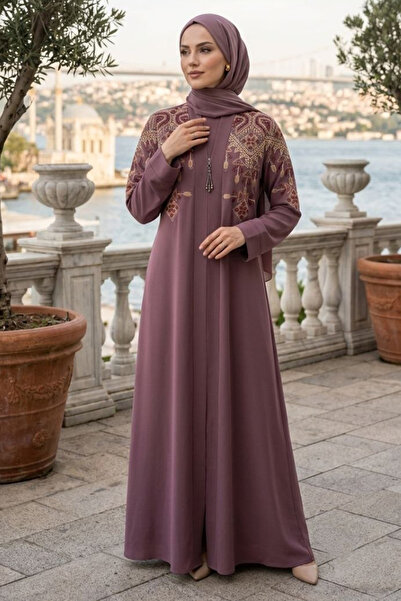 Neva Style Ethnic Embroidery Detailed Belted Dusty Rose Hijab Robe 29144Gk
