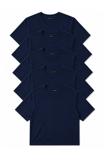 MİLANDORE Set of 5 Men's Navy Blue Slim Fit Crew Neck Basic T-Shirts