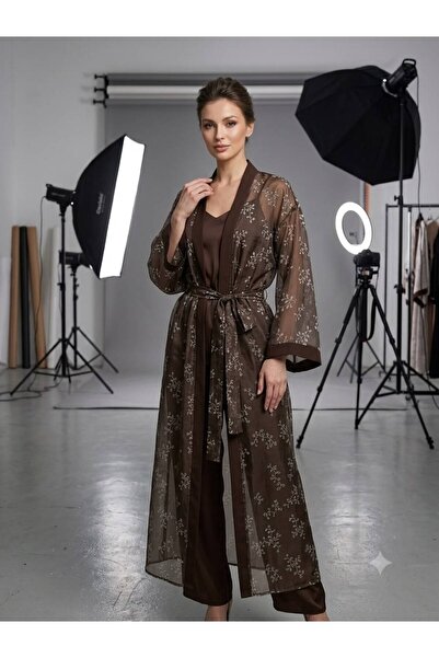 Olbia Women's Brown Patterned Garnished Tie-Up Long Kimono
