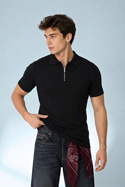 Maccali Tricou tricotat polo negru cu dungi, confortabil, pentru bărbați