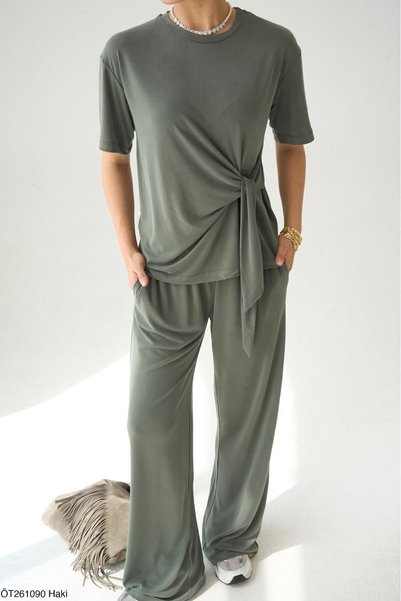 Qu Style Set modal cu detaliu de legare frontală, kaki