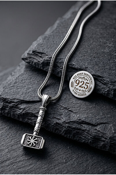 Roza Silver 925 Ayar Gümüş Erkek Kolye - Oksitli Thor'un Çekici Mjolnir ve Ko...