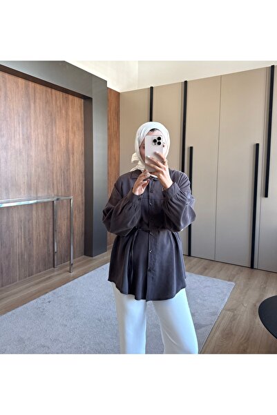 ensade Women's Summer Belted Oversize Shirt Long Sleeve Buttoned Hijab Shirt ...