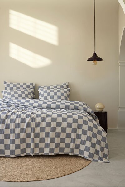 Bej Home Checkered Navy Blue Colored Double Bedspread Set 100% Cotton 220*240