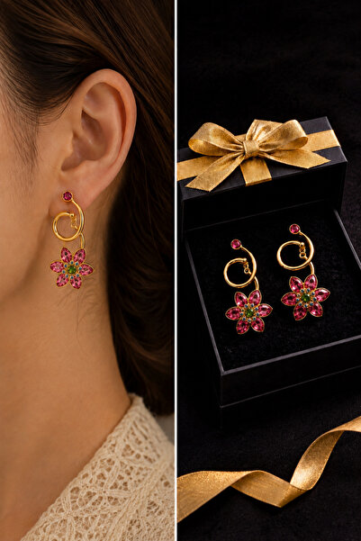 PULİNİN DÜKKANI Asymmetrical Women's Earrings with Floral Figures – Gold Colo...