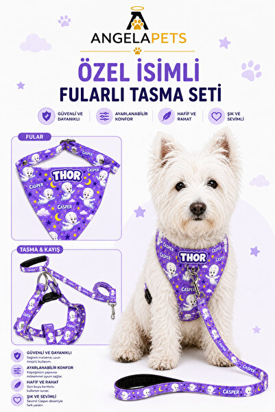 Angelapets ÖZEL İSİMLİ AYARLANABİLİR FULARLI GÖĞÜS TASMASI VE KAYIŞ SETİ
