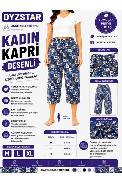 DYZSTAR Kadın Kareli Kalp Desenli Kapri Mavi-Siyah Yumuşak Penye Rahat Kalıp ...