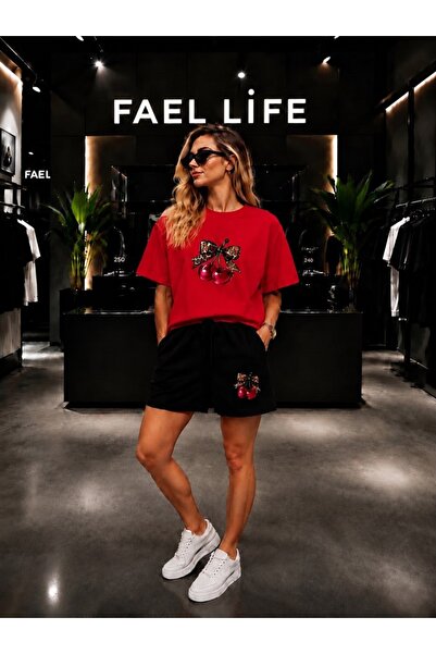 FAEL LİFE Unisex Wide-Let T-Shirt and Shorts Set with Cherry Ribbon Print