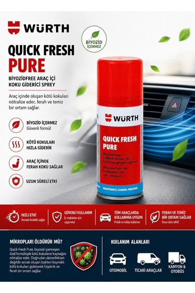 Würth Quick Fresh Pure Araç İçi Koku Giderici Sprey 100 ml - Koku Bombası