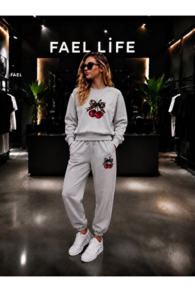FAEL LİFE Unisex Wide Cut Zero Neck and Sweatpants Set with Cherry Ribbon Print