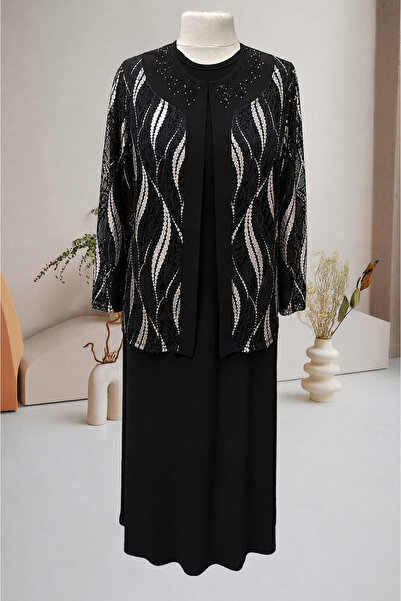 Sondos Moda42 Hesna Black Wavy Striped Pattern Plus Size Mother Evening Dress...