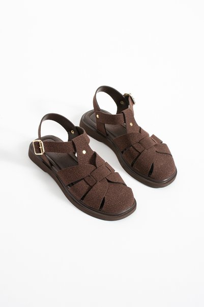 BURCU COLLECTİON Sofi̇a Brown Suede Women's Sandals with Adjustable Ankle Clasp Detail