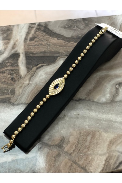 VLDORO D'Oro Steel Navy Blue Stone Eye Motif Row Ball Women's Bracelet
