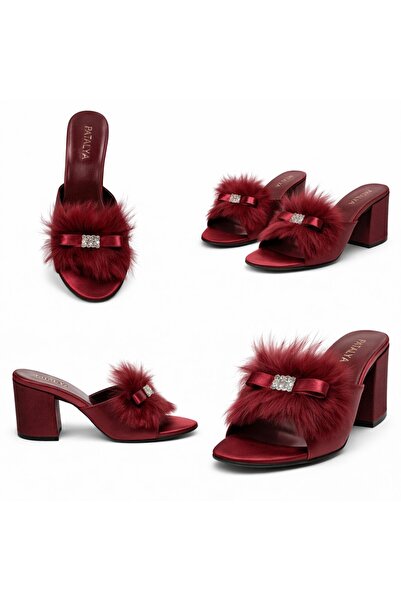 PATALYA Burgundy Wedge Heel Stoned Goose Feather Women's Slippers 625