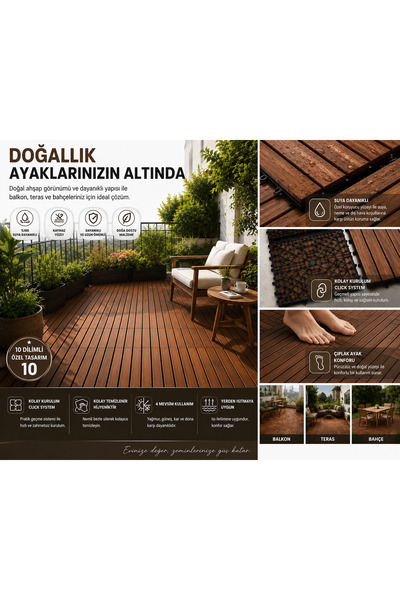 GUNBO HOME %100 Akasya Ahşap Deck Karo 50x50 cm | Geçmeli Click Sistem | 1 Ko...