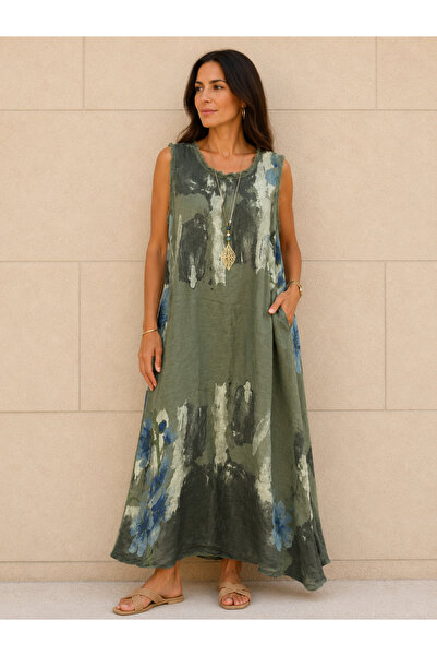 AGORATEKSTİL Women's Original Italian Raw Linen Fabric Sleeveless Long Dress ...