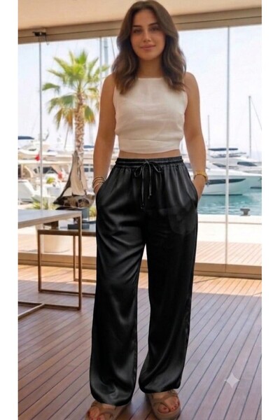 MONAMORE Women's Shalwar Cut Satin Trousers with Elastic Cords at the Legs an...