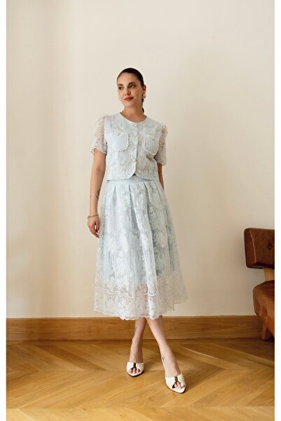BRTC design Women's Blue Pearl Embroidered Jacket Skirt Lace Set