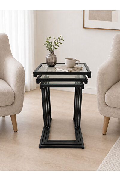 AVİBO HOME Arven 3’lü Zigon Sehpa Şeffaf Camlı Siyah Metal Ayaklı Modern Kolt...