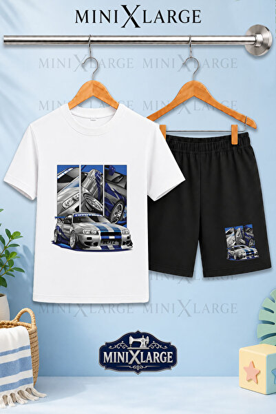 MINIXLARGE Çocuk Tişört - Şort Takım ARABA ÇOKLU KARELI FOTO Baskılı Unisex B...