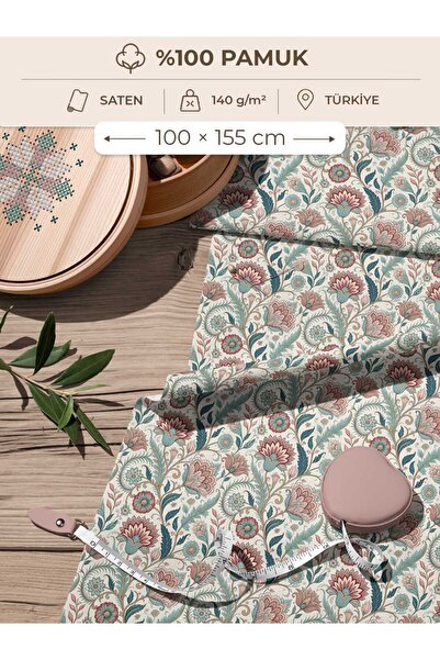 FabricsTown %100 Pamuk Saten Kumaş 100x155 cm Pudra Mavi Çiçek Desenli Dekora...