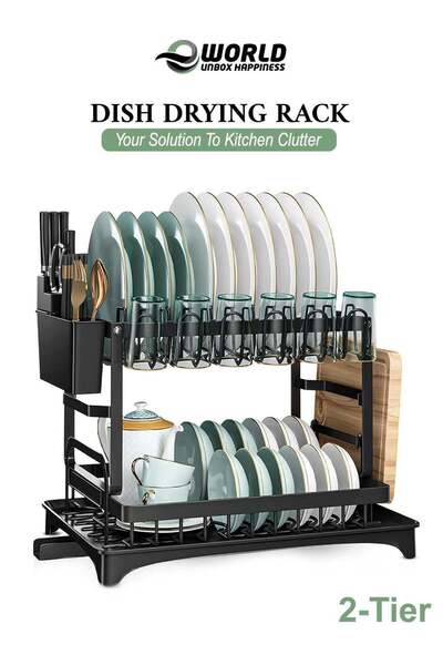 Eworld 2-Tier Dish Drying Rack for Kitchen Counter – Black Stainless Steel Ru...