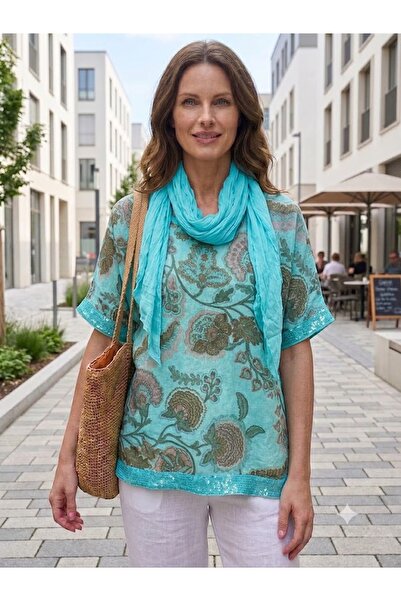 AYASOFYA OTANTIK Women's Italian Sprout Flower Patterned Loose Blouse with Se...