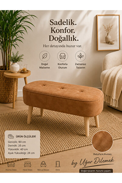 arge demo Retro Doğal Renk Ahşap Ayaklı Geniş Oturum Alanlı Oval Bench Puf Ba...