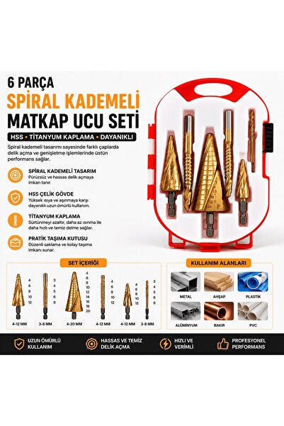 Trendhane 6 Parça Spiral Kademeli kutulu Matkap Ucu Seti | HSS Titanyum Kapla...