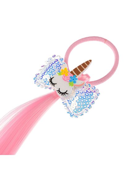 OEM Coadă de cal elastică cu paiete, cu unicorn roz și șuviță roz - 40 cm pen...