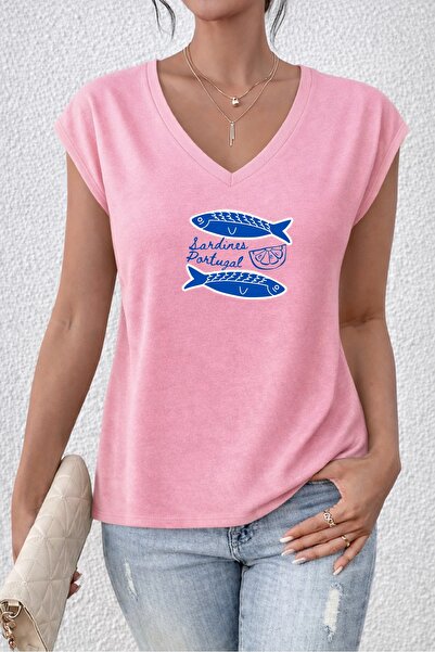 Deocept Women's Mix Printed V-Neck Sleeveless Regular Fit Comfortable T-Shirt