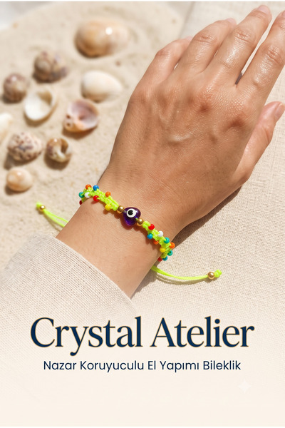 Crystal Atelier Neon Green Rope Heart Evil Eye Beaded Macrame Bracelet Handma...