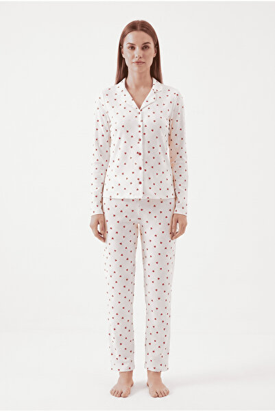 Generic Brand Front Buttoned Waffle Fabric White Red Heart Pattern Seasonal P...