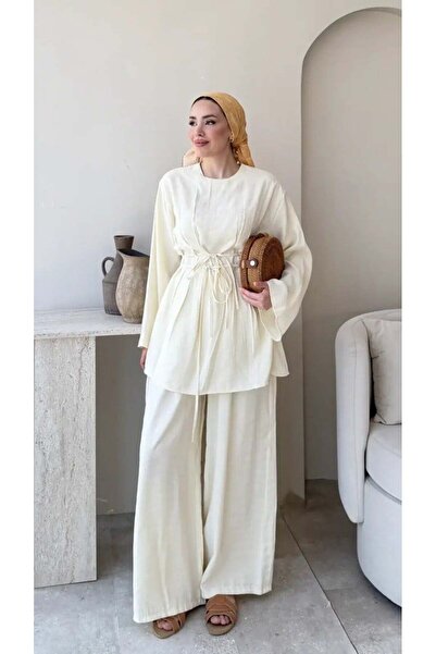 Miraydın Butik طقم بنطلون تونيك نسائي بحزام خصر مودال M2672 - أصفر